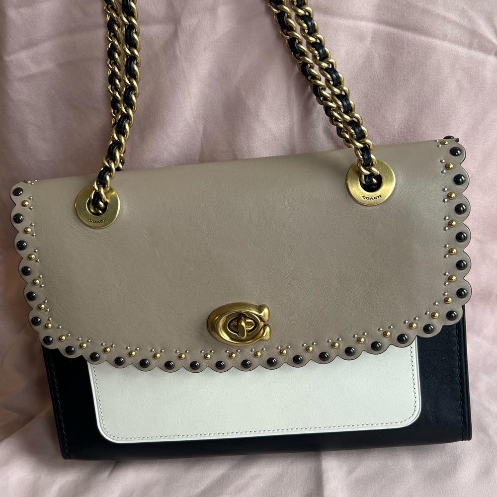 Coach Beige and Black Shoulder Bag with Gold Accents